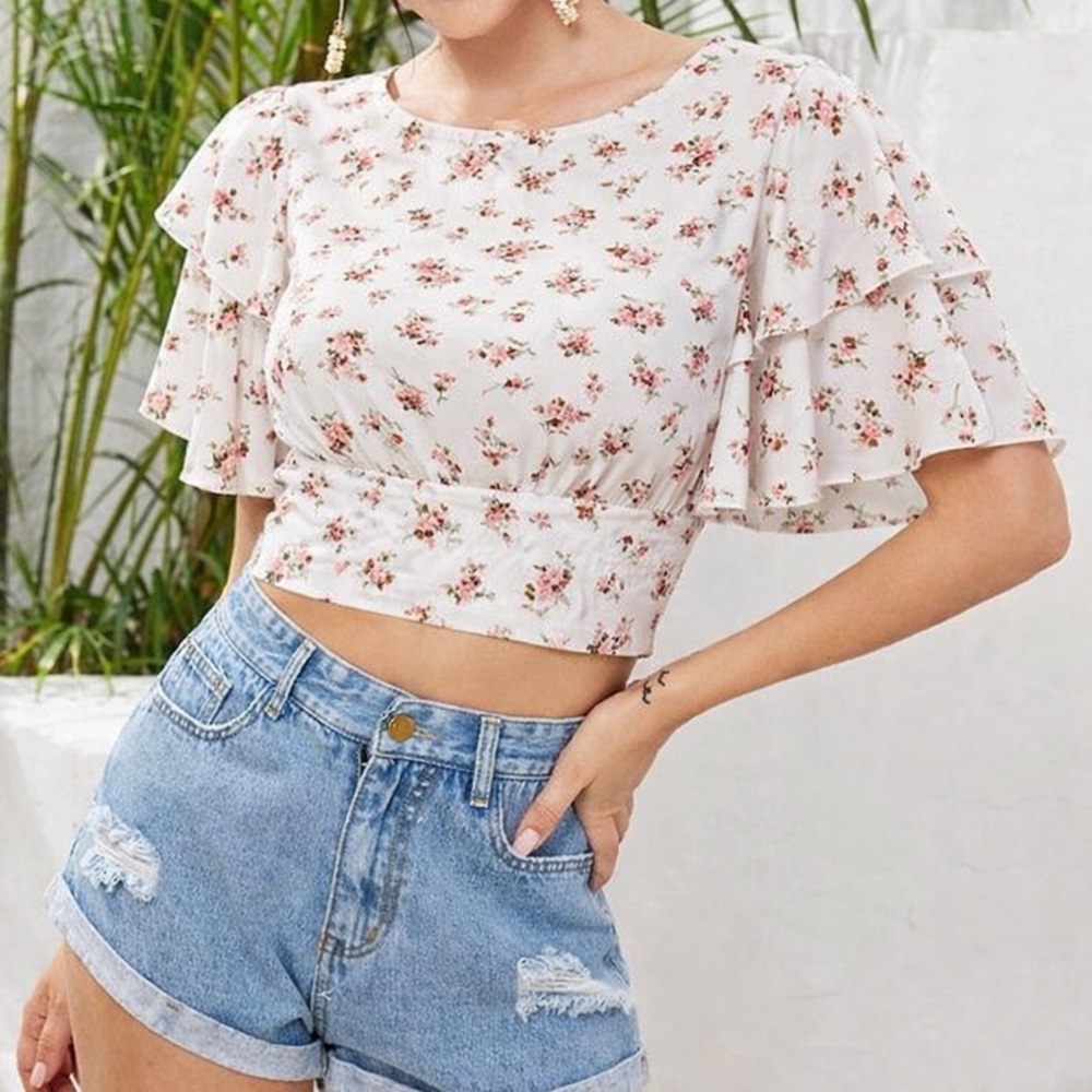 Floral Tie Back Blouse Flutter Sleeve Cottagecore Top Mi Ami size M